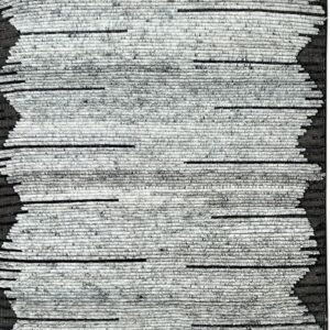 Heavily textured black and light gray rug with horizontal pile strips forming a bold zig-zag pattern.