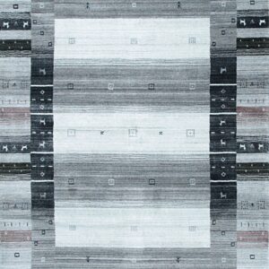 Geometric rug in gray, black, and white shades featuring horizontal stripes and small symbolic motifs.