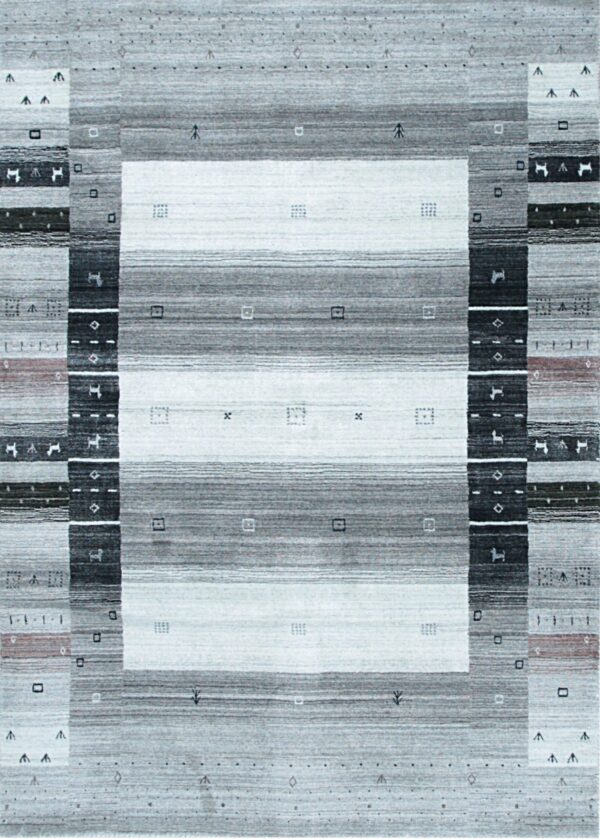 Geometric rug in gray, black, and white shades featuring horizontal stripes and small symbolic motifs.