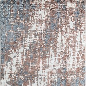 Distressed, textured rug featuring an abstract damask pattern in white, slate blue, and brown.