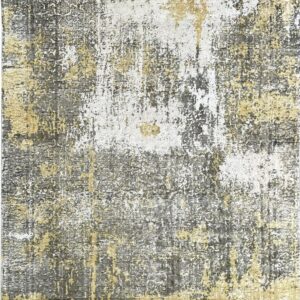 Low pile rug featuring an abstract, distressed pattern in gold, white, and gray with fringe.