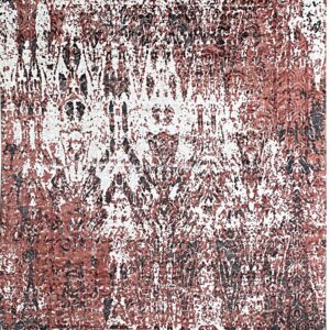 Distressed rug with an abstract pattern in white, terracotta, and dark gray, including fringe edges.