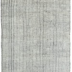 Gray and off-white rug displaying continuous, deeply channeled vertical striping and high texture.