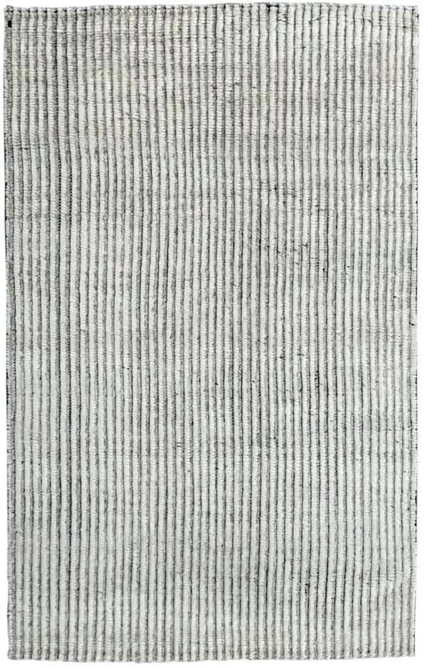 Gray and off-white rug displaying continuous, deeply channeled vertical striping and high texture.