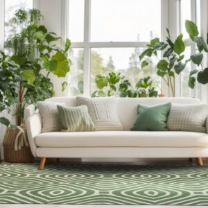 A green and cream concentric diamond rug anchors a white sofa surrounded by many potted plants.
