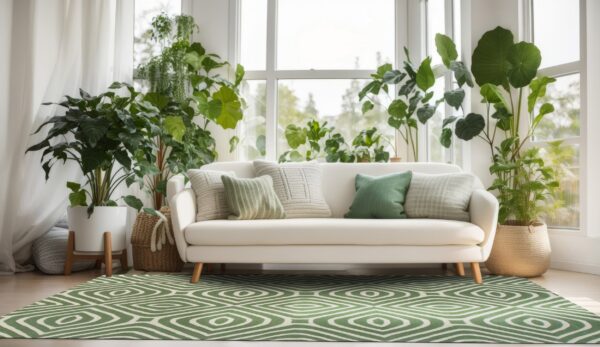 A green and cream concentric diamond rug anchors a white sofa surrounded by many potted plants.