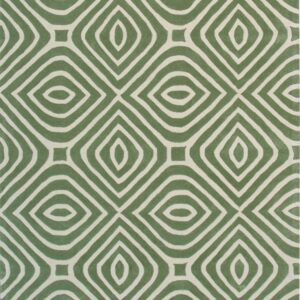 Green and cream rug with a repeating geometric pattern of linked concentric diamond shapes.