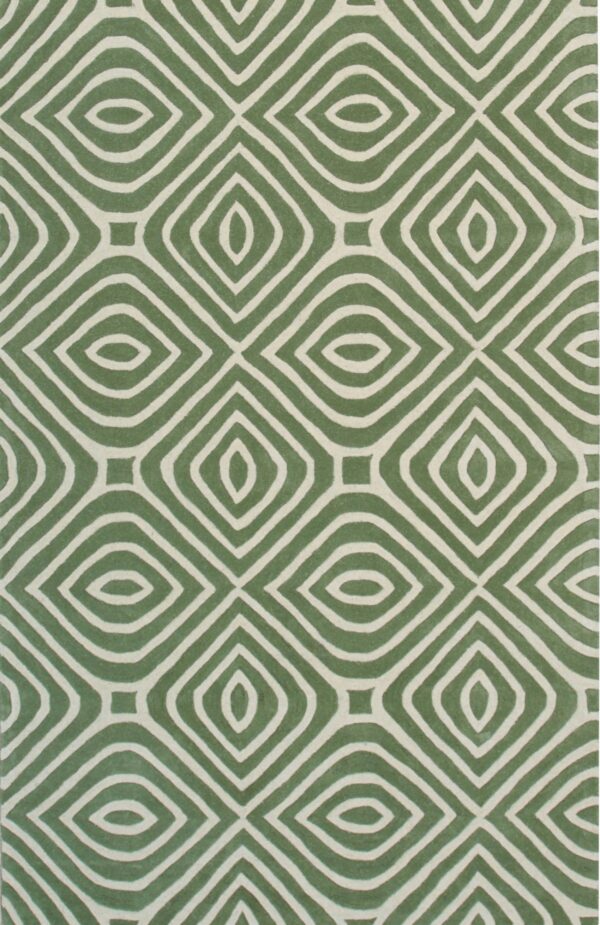 Green and cream rug with a repeating geometric pattern of linked concentric diamond shapes.
