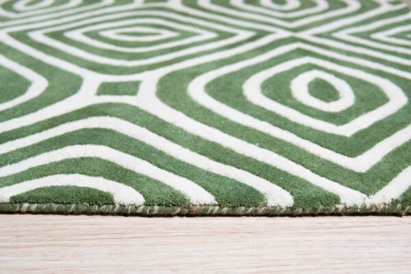 Detailed view of a textured green and white rug with concentric geometric shapes on wood flooring.