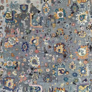 Colorful patterns on gray wool rug