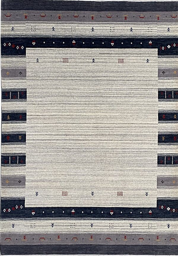 Striated gray rug with a banded border design incorporating dark blue, light gray, and small rustic motifs.