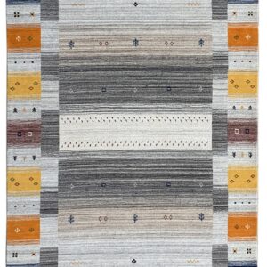 Geometric rug featuring gradient horizontal gray stripes and vertical side panels in blue, orange, and yellow blocks.