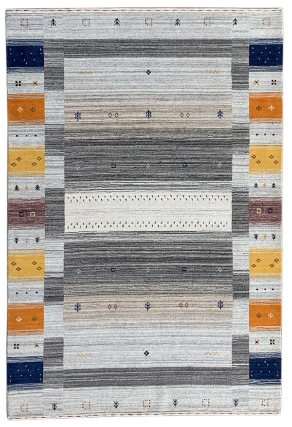 Geometric rug featuring gradient horizontal gray stripes and vertical side panels in blue, orange, and yellow blocks.