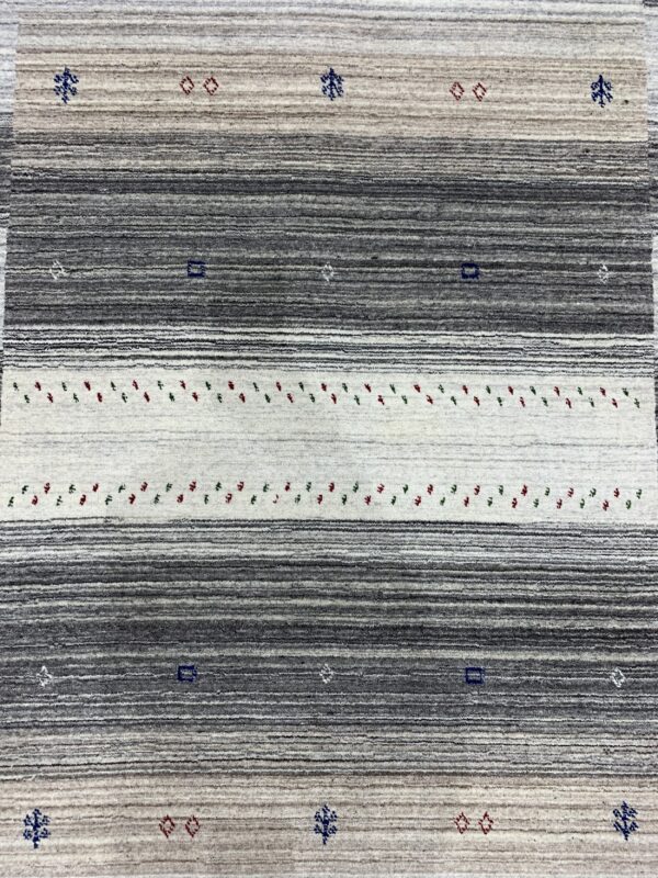 Gray and cream horizontally striped rug detailed with rows of small blue, red, and green woven figures.