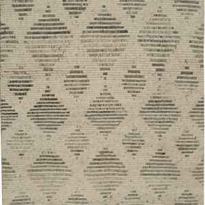 Textured off-white rug with dark grey geometric diamond patterns and thick looped tassels.