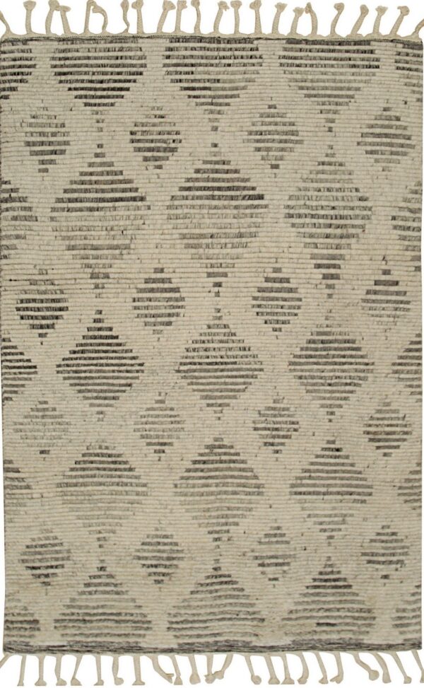 Textured off-white rug with dark grey geometric diamond patterns and thick looped tassels.