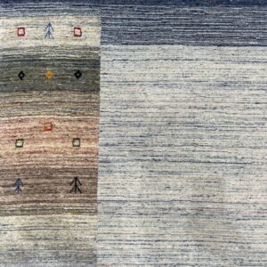 Rug detail showing a striated blue and gray field bordered by multicolored bands with small geometric designs.