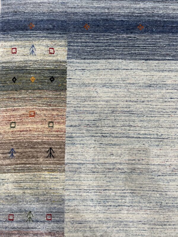 Rug detail showing a striated blue and gray field bordered by multicolored bands with small geometric designs.