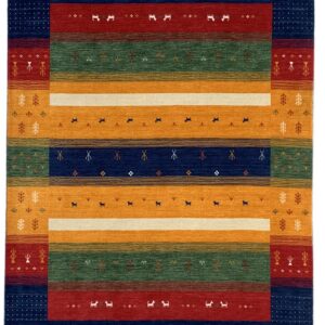 Striped rug featuring horizontal bands of blue, red, green, and gold with small stylized animal and plant motifs.