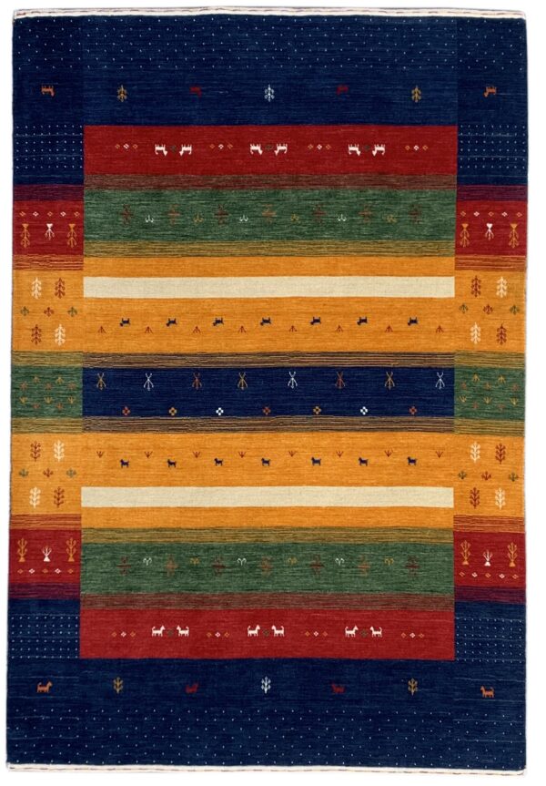 Striped rug featuring horizontal bands of blue, red, green, and gold with small stylized animal and plant motifs.