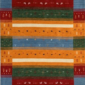 Geometric rug with a blue border surrounding multicolored stripes accented by small figures and animal patterns.