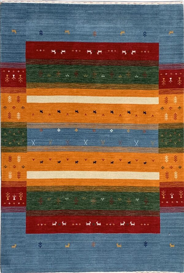 Geometric rug with a blue border surrounding multicolored stripes accented by small figures and animal patterns.