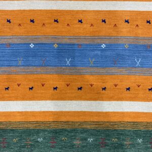 Low pile rug featuring horizontal stripes in orange, blue, green, and red with stylized figures.