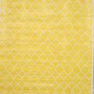 Bright yellow area rug with an all-over cream geometric trellis pattern and thin cream border.
