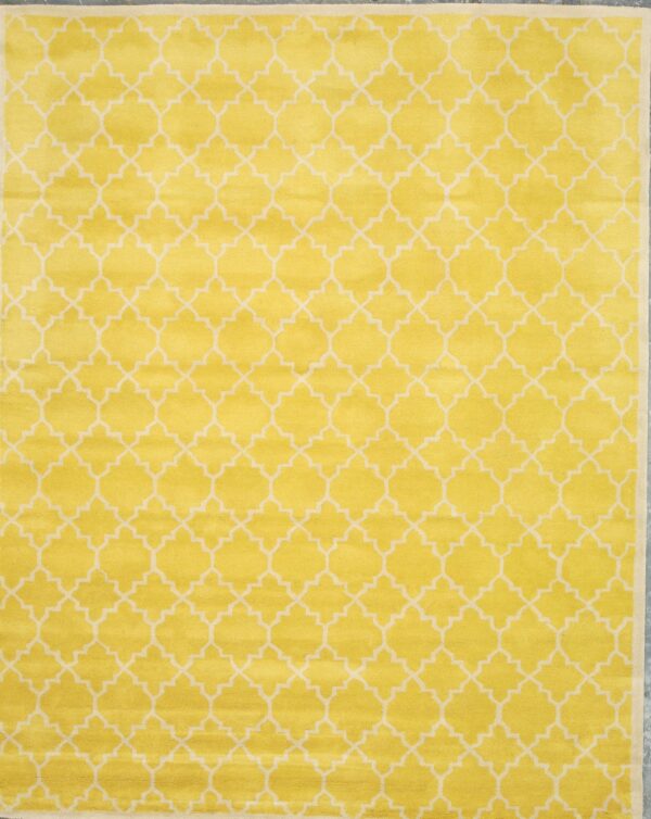 Bright yellow area rug with an all-over cream geometric trellis pattern and thin cream border.