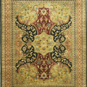 Detailed traditional rug featuring black, yellow, and burgundy floral designs and complex borders.