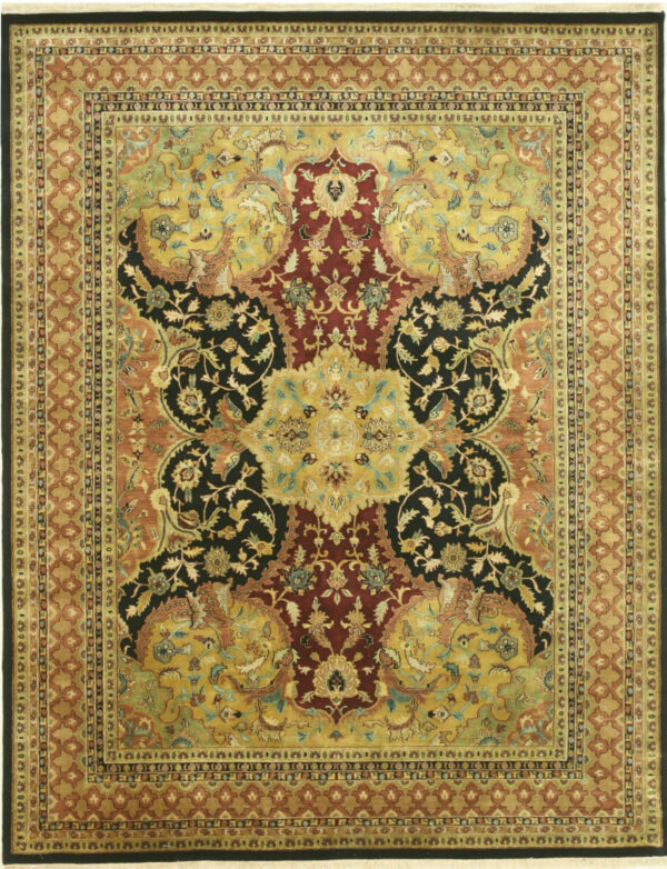 Detailed traditional rug featuring black, yellow, and burgundy floral designs and complex borders.