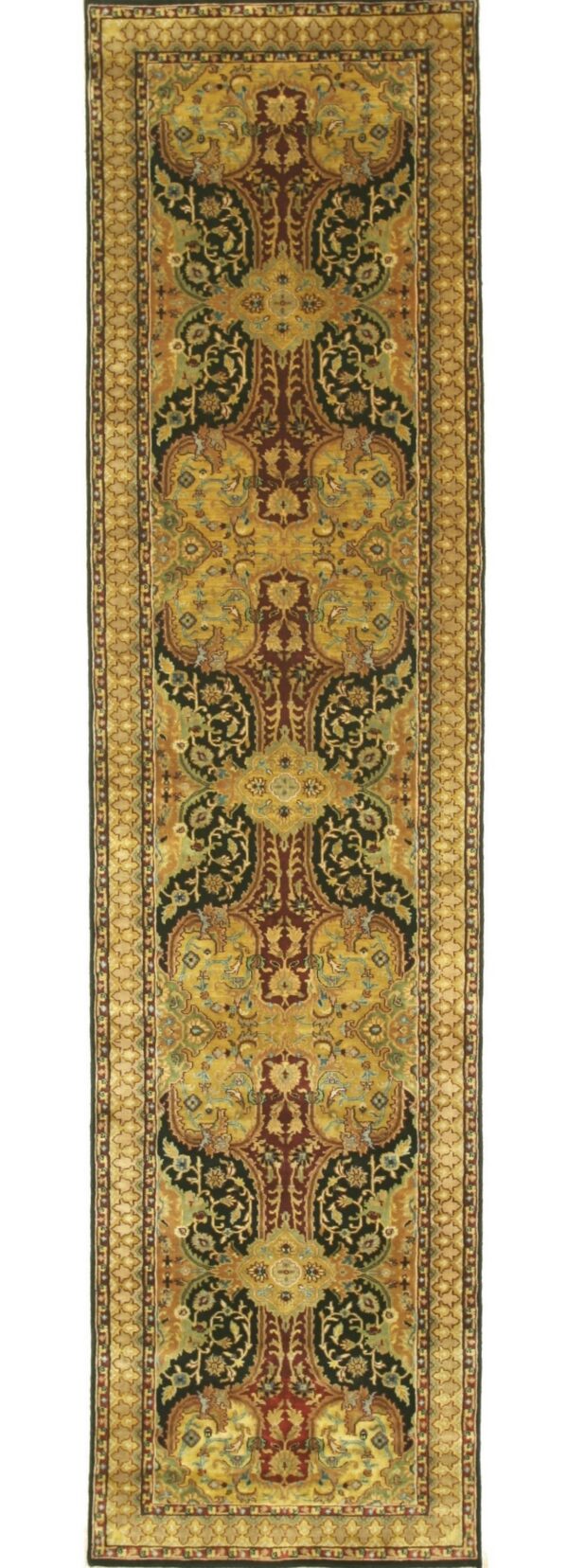Ornate traditional runner rug featuring a symmetrical design in mustard yellow, burgundy, and black.