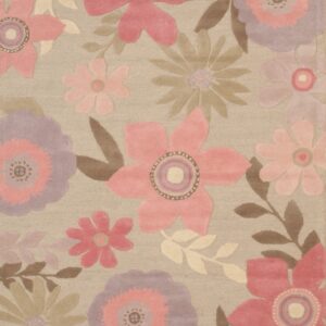 Carved high-low pile rug featuring oversized pink and lavender flowers and brown leaves on a light beige background.