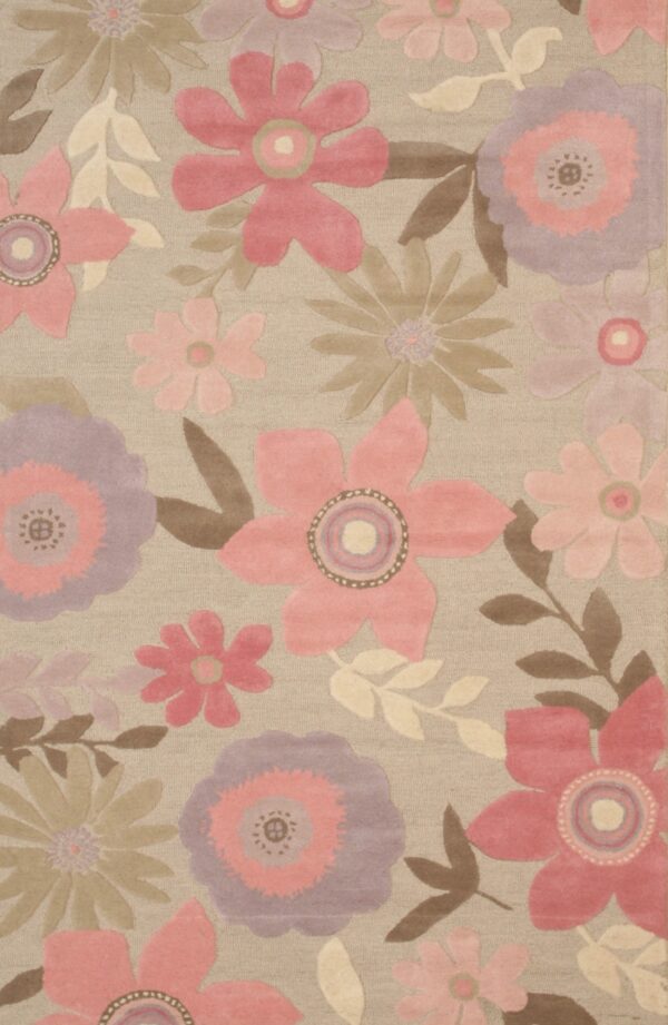 Carved high-low pile rug featuring oversized pink and lavender flowers and brown leaves on a light beige background.