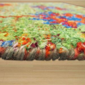 Shaggy rug edge detailed in lime green, orange, and blue colors, resting on light blonde hardwood.