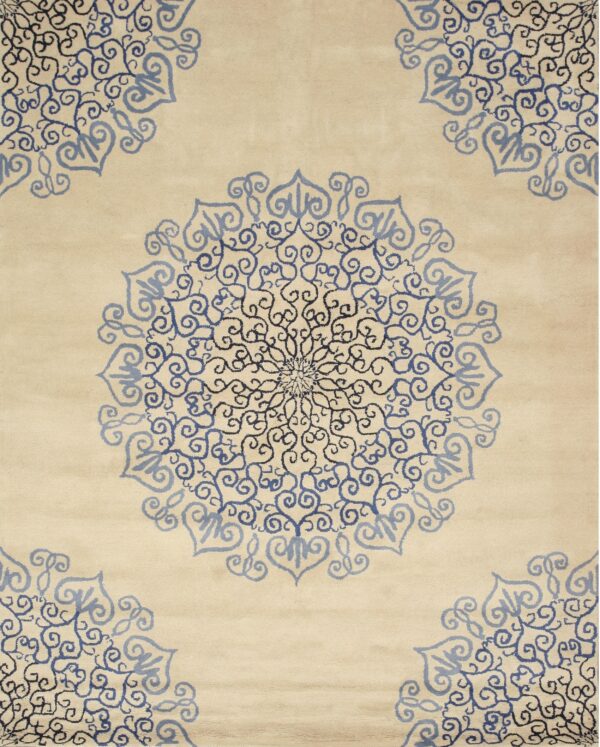 Cream rug featuring ornate blue and dark blue swirling medallion designs.