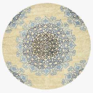 Round beige area rug with a concentric scrolling medallion pattern in light blue and deep blue.