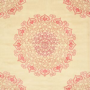 Low-pile beige rug with a detailed central mandala pattern in varying shades of coral and pink.