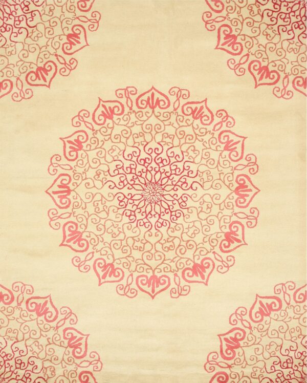 Low-pile beige rug with a detailed central mandala pattern in varying shades of coral and pink.