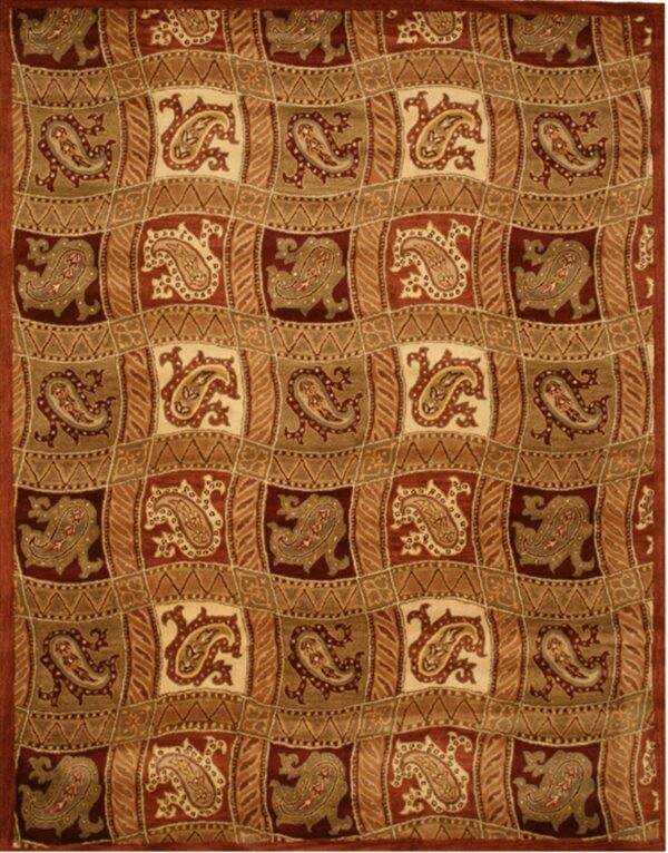 A high-pile rug features a patchwork pattern of paisley motifs in rust, khaki, and cream.