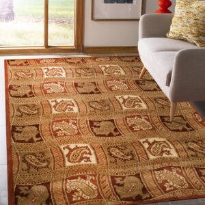 Rust and tan rug displaying a complex paisley and curved checkerboard pattern under a gray chair by a window.