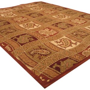 Rust, tan, and olive green rug featuring a dense pile and an intricate diagonal paisley pattern.
