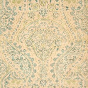 Beige rug featuring a detailed paisley and floral pattern outlined in teal and light green.