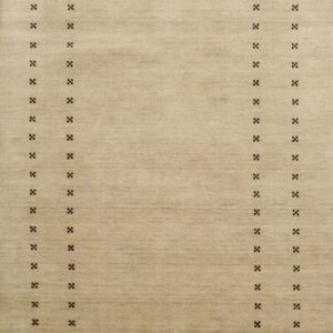 Beige, low-pile rug with a border of small, dark brown geometric clusters surrounding a plain field.