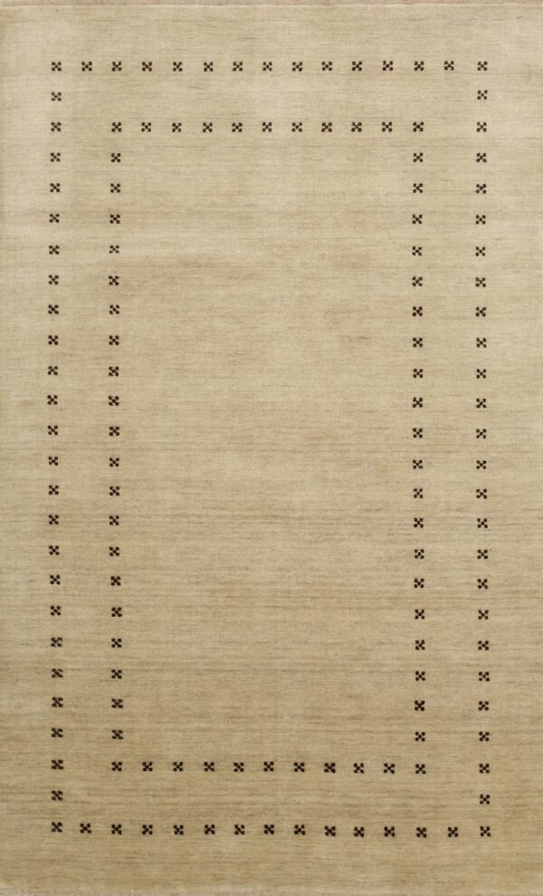 Beige, low-pile rug with a border of small, dark brown geometric clusters surrounding a plain field.