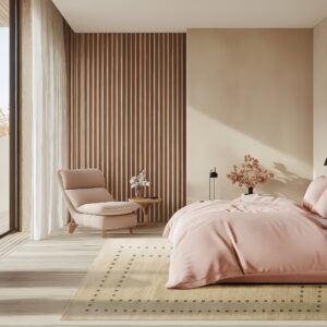 Light tan low-pile rug with minimalist dark motifs sits on wood floors in a neutral bedroom.