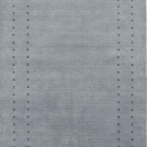 Solid light blue-gray rug with dark abstract markings forming a simple border.
