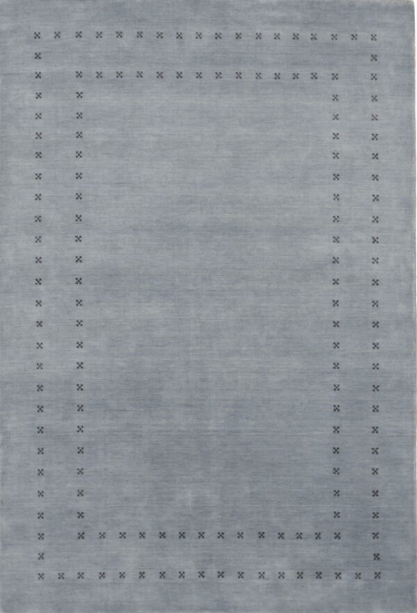 Solid light blue-gray rug with dark abstract markings forming a simple border.