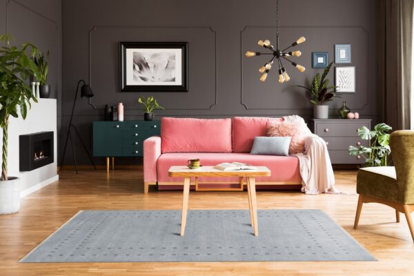 Light blue rug with a minimalist geometric border pattern centers a living room with a pink sofa.