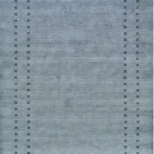 Low-pile slate blue rug with a variegated field and a border of small, dark, geometric motifs.